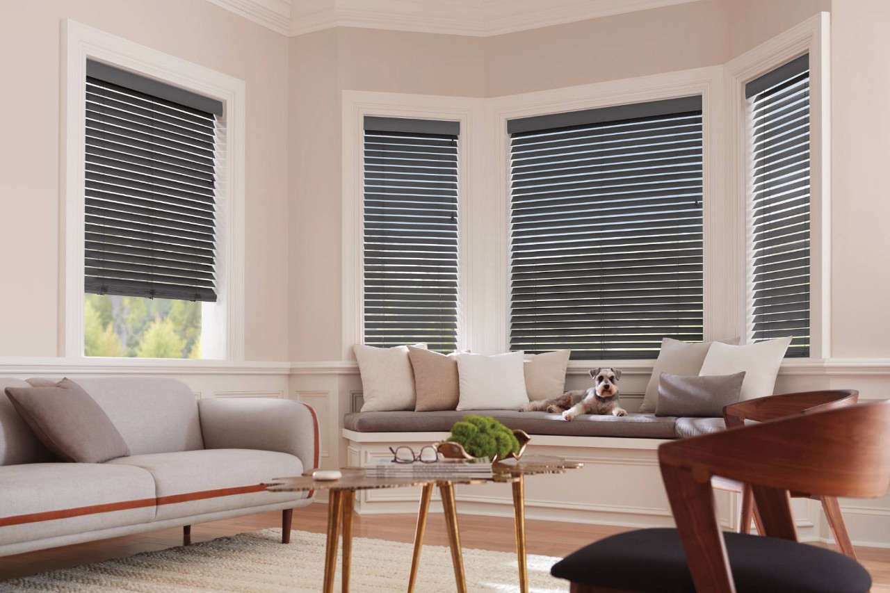 Hunter Douglas Parkland® Wood Blinds on bow windows near Rohnert Park, California (CA)