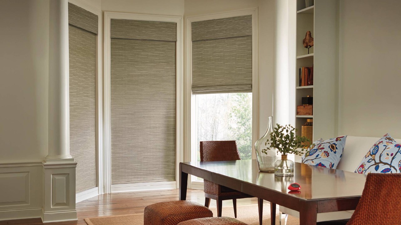 Woven wood shades in a dining room near Rohnert Park, CA