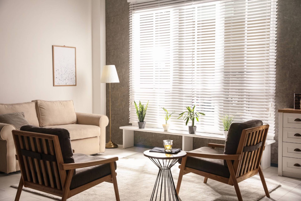 Modern living room featuring living room blinds near Rohnert Park, CA