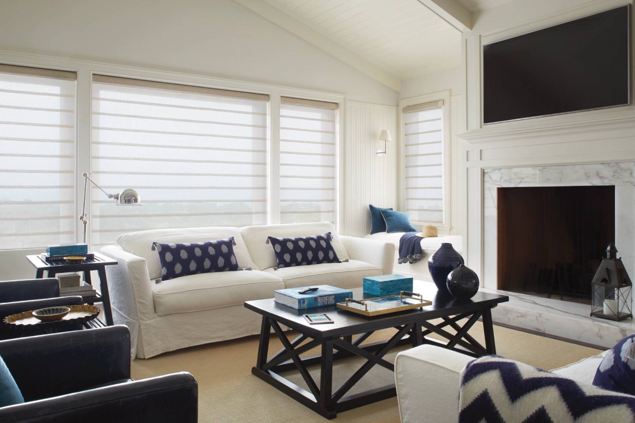 Hunter Douglas fabric Roman shades in a contemporary living room near Rohnert Park, CA